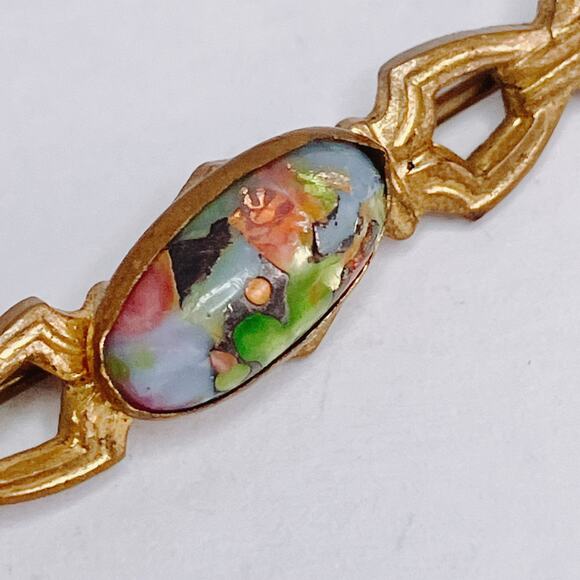 Vintage 1930s Art Deco Gold Tone Bar Brooch Foil Glass Cabochon Czech-style Pin - Picture 13 of 15